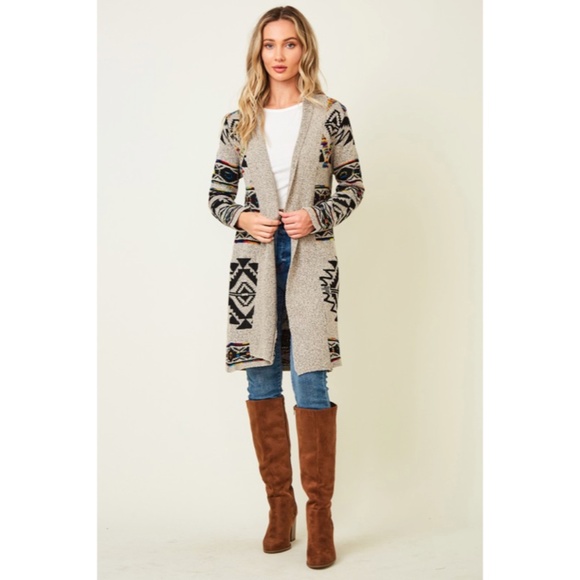 Taupe Multi Color Aztec Tribal Native Western Boho Open Cardigan Sweater - Picture 7 of 10